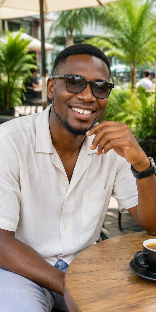 Portrait illustratif d’un adulte noir souriant dans un café à Abidjan