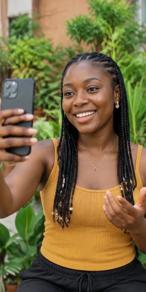 Une adulte noire crée une vidéo avec son téléphone — illustration
