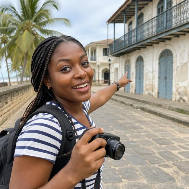Une adulte fait découvrir Grand-Bassam avec son appareil photo